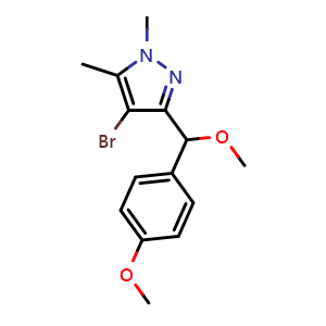 Chemical structure of 4-bromo-3-[(4-methoxyphenyl)methoxymethyl]-1,5-dimethyl-pyrazole , CAS 2143010-89-1, AChemBlock T94412