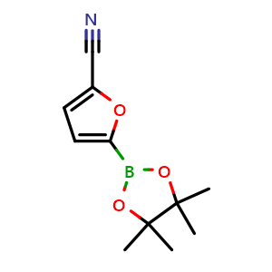 Chemical structure of 5-(4,4,5,5-tetramethyl-1,3,2-dioxaborolan-2-yl)furan-2-carbonitrile , CAS 1111096-21-9, AChemBlock T94426