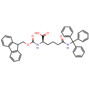 Chemical structure of (R)-2-((((9H-fluoren-9-yl)methoxy)carbonyl)amino)-6-oxo-6-(tritylamino)hexanoic acid , CAS 2411591-29-0, AChemBlock T94474