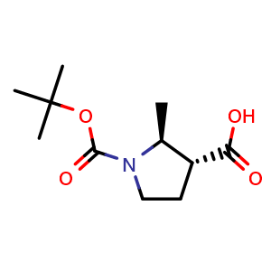 Chemical structure of (2S,3R)-1-tert-butoxycarbonyl-2-methyl-pyrrolidine-3-carboxylic acid , CAS 2387561-54-6, AChemBlock T94513