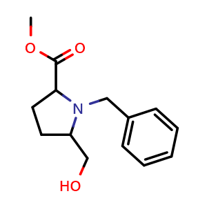 Chemical structure of methyl 1-benzyl-5-(hydroxymethyl)pyrrolidine-2-carboxylate , CAS 1469983-62-7, AChemBlock T94644