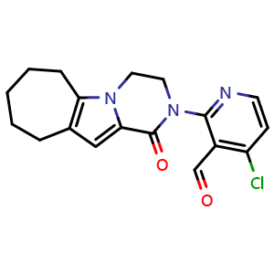 Chemical structure of 4-Chloro-2-(1-oxo-1,3,4,6,7,8,9,10-octahydro-2H-cyclohepta[4,5]pyrrolo[1,2-a]pyrazin-2-yl)nicotinaldehyde , CAS 2387601-63-8, AChemBlock T94687