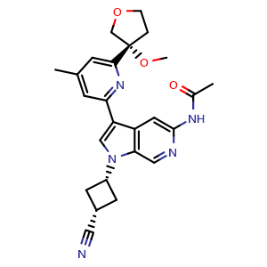 Chemical structure of cis-N-[1-(3-cyanocyclobutyl)-3-[6-[(3R)-3-methoxytetrahydrofuran-3-yl]-4-methyl-2-pyridyl]pyrrolo[2,3-c]pyridin-5-yl]acetamide , CAS 2368945-72-4, AChemBlock T94700