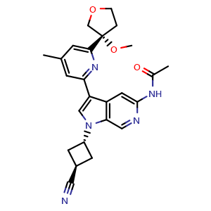 Chemical structure of trans-N-[1-(3-cyanocyclobutyl)-3-[6-[(3R)-3-methoxytetrahydrofuran-3-yl]-4-methyl-2-pyridyl]pyrrolo[2,3-c]pyridin-5-yl]acetamide , CAS 2368945-71-3, AChemBlock T94701