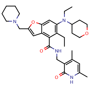 Chemical structure of N-[(4,6-dimethyl-2-oxo-1H-pyridin-3-yl)methyl]-5-ethyl-6-[ethyl(tetrahydropyran-4-yl)amino]-2-(1-piperidylmethyl)benzofuran-4-carboxamide , CAS 2098545-98-1, AChemBlock T94702
