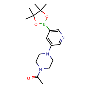 Chemical structure of 1-(4-(5-(4,4,5,5-tetramethyl-1,3,2-dioxaborolan-2-yl)pyridin-3-yl)piperazin-1-yl)ethanone , CAS 1201644-39-4, AChemBlock T94880