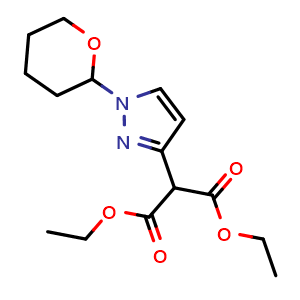 Chemical structure of diethyl 2-(1-tetrahydropyran-2-ylpyrazol-3-yl)propanedioate , CAS 2411641-19-3, AChemBlock T95019
