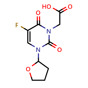 Chemical structure of 2-[5-fluoro-2,6-dioxo-3-(oxolan-2-yl)-1,2,3,6-tetrahydropyrimidin-1-yl]acetic acid , CAS 872103-36-1, AChemBlock T95039