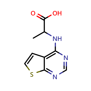 Chemical structure of 2-({thieno[2,3-d]pyrimidin-4-yl}amino)propanoic acid , CAS 71635-48-8, AChemBlock T95042