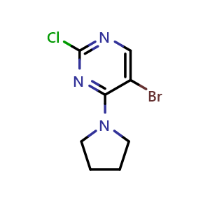 Chemical structure of 5-bromo-2-chloro-4-pyrrolidin-1-ylpyrimidine , CAS 57054-90-7, AChemBlock T95119