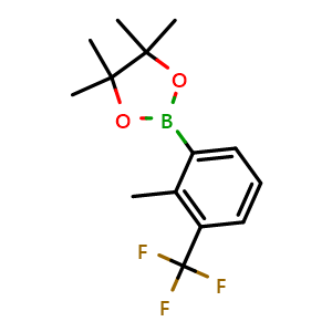 Chemical structure of 2-(3-(trifluoromethyl)-2-methylphenyl)-4,4,5,5-tetramethyl-1,3,2-dioxaborolane , CAS 1838186-45-0, AChemBlock T95224