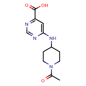 Chemical structure of 6-((1-acetylpiperidin-4-yl)amino)pyrimidine-4-carboxylic acid , CAS 1884246-71-2, AChemBlock T95226