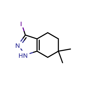Chemical structure of 3-iodo-6,6-dimethyl-4,5,6,7-tetrahydro-1H-indazole , CAS 1309788-50-8, AChemBlock T95236