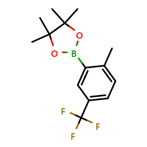 Chemical structure of 2-(5-(trifluoromethyl)-2-methylphenyl)-4,4,5,5-tetramethyl-1,3,2-dioxaborolane , CAS 1030832-71-3, AChemBlock T95237