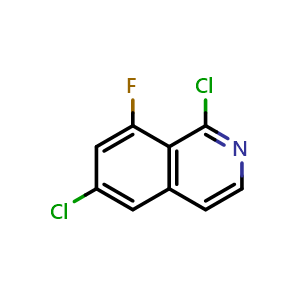 Chemical structure of 1,6-dichloro-8-fluoroisoquinoline , CAS 2411637-24-4, AChemBlock T95339