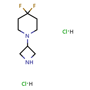 Chemical structure of 1-(azetidin-3-yl)-4,4-difluoro-piperidine dihydrochloride , CAS 2387598-22-1, AChemBlock T95344