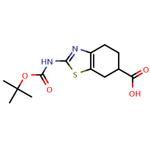 Chemical structure of 2-((tert-butoxycarbonyl)amino)-4,5,6,7-tetrahydrobenzo[d]thiazole-6-carboxylic acid , CAS 1820683-35-9, AChemBlock T95388