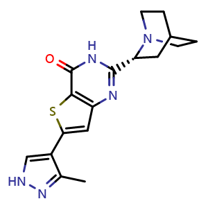 Chemical structure of 6-(3-methyl-1H-pyrazol-4-yl)-2-[(2R)-quinuclidin-2-yl]-3H-thieno[3,2-d]pyrimidin-4-one , CAS 1330782-69-8, AChemBlock T95393