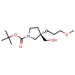 Chemical structure of tert-butyl (3R)-3-(hydroxymethyl)-3-(3-methoxypropyl)pyrrolidine-1-carboxylate , CAS 2411590-86-6, AChemBlock T95409