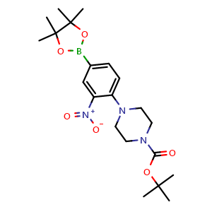 Chemical structure of tert-butyl 4-(2-nitro-4-(4,4,5,5-tetramethyl-1,3,2-dioxaborolan-2-yl)phenyl)piperazine-1-carboxylate , CAS 940284-94-6, AChemBlock T95453