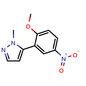 Chemical structure of 5-(2-methoxy-5-nitrophenyl)-1-methyl-1H-pyrazole , CAS 720702-43-2, AChemBlock T95461