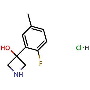 Chemical structure of 3-(2-fluoro-5-methyl-phenyl)azetidin-3-ol hydrochloride , CAS 2387602-61-9, AChemBlock T95529