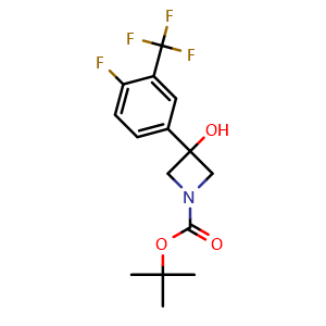 Chemical structure of tert-butyl 3-[4-fluoro-3-(trifluoromethyl)phenyl]-3-hydroxyazetidine-1-carboxylate , CAS 1694286-57-1, AChemBlock T95542
