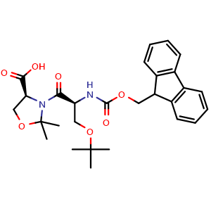 Chemical structure of (S)-3-(N-(((9H-fluoren-9-yl)methoxy)carbonyl)-O-(tert-butyl)-L-seryl)-2,2-dimethyloxazolidine-4-carboxylic acid , CAS 1000164-43-1, AChemBlock T95570