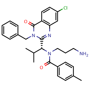 Chemical structure of N-(3-Aminopropyl)-N-[(1R)-1-[7-chloro-3,4-dihydro-4-oxo-3-(phenylmethyl)-2-quinazolinyl]-2-methylpropyl]-4-methylbenzamide , CAS 336113-53-2, AChemBlock T95574