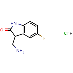 Chemical structure of 3-(aminomethyl)-5-fluoroindolin-2-one hydrochloride , CAS 1185369-69-0, AChemBlock T95609