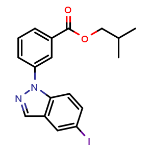 Chemical structure of 3-(5-Iodo-indazol-1-yl)-benzoic acid isobutyl ester , CAS 1196452-46-6, AChemBlock T95612