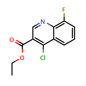 Chemical structure of ethyl 4-chloro-8-fluoroquinoline-3-carboxylate , CAS 56824-90-9, AChemBlock T95621