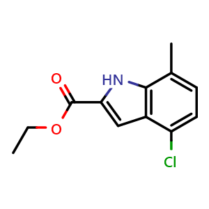 Chemical structure of ethyl 4-chloro-7-methyl-1H-indole-2-carboxylate , CAS 188248-23-9, AChemBlock T95670