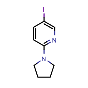 Chemical structure of 5-iodo-2-(pyrrolidin-1-yl)pyridine , CAS 494771-62-9, AChemBlock T95685