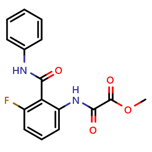 Chemical structure of methyl (2-(phenylcarbamoyl)-3-fluorophenylcarbamoyl)formate , CAS 2411635-75-9, AChemBlock T95689