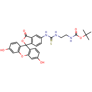 Chemical structure of 1-(2-Boc-aminoethyl)-3-(fluorescein-5-yl)thiourea , CAS 910661-27-7, AChemBlock T95720