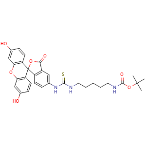 Chemical structure of 1-(5-Boc-aminopentyl)-3-(fluorescein-5-yl)thiourea , CAS 87349-10-8, AChemBlock T95722