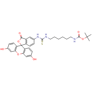 Chemical structure of 1-(6-Boc-aminohexanyl)-3-(fluorescein-5-yl)thiourea , CAS 854753-74-5, AChemBlock T95724