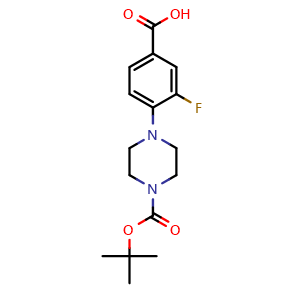 Chemical structure of 4-(4-(tert-butoxycarbonyl)piperazin-1-yl)-3-fluorobenzoic acid , CAS 1163247-87-7, AChemBlock T95790