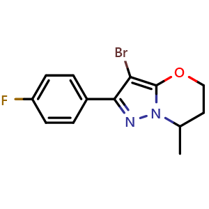 Chemical structure of 3-bromo-2-(4-fluorophenyl)-7-methyl-6,7-dihydro-5H-pyrazolo[5,1-b][1,3]oxazine , CAS 1429893-29-7, AChemBlock T95885