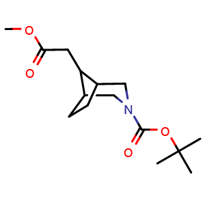 Chemical structure of tert-butyl 8-(2-methoxy-2-oxo-ethyl)-3-azabicyclo[3.2.1]octane-3-carboxylate , CAS 2387596-44-1, AChemBlock T95889