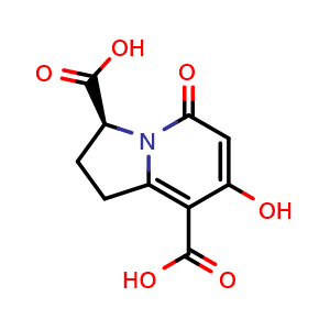 Chemical structure of (3S)-7-hydroxy-5-oxo-2,3-dihydro-1H-indolizine-3,8-dicarboxylic acid , CAS 1445865-55-3, AChemBlock T95927