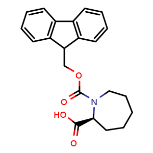 Chemical structure of (2S)-1-(9H-fluoren-9-ylmethoxycarbonyl)azepane-2-carboxylic acid , CAS 2322925-11-9, AChemBlock T96067