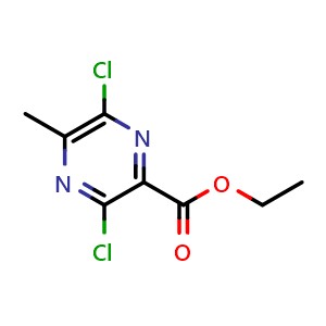Chemical structure of ethyl 3,6-dichloro-5-methyl-pyrazine-2-carboxylate , CAS 2411634-87-0, AChemBlock T96074