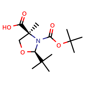 Chemical structure of (2R,4S)-3-(tert-butoxycarbonyl)-2-tert-butyl-4-methyloxazolidine-4-carboxylic acid , CAS 1179522-58-7, AChemBlock T96083