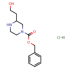 Chemical structure of benzyl 3-(2-hydroxyethyl)piperazine-1-carboxylatehydrochloride , CAS 2162438-42-6, AChemBlock T96086