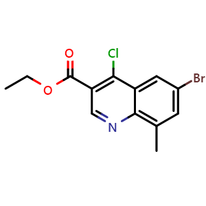 Chemical structure of ethyl 6-bromo-4-chloro-8-methylquinoline-3-carboxylate , CAS 1016780-82-7, AChemBlock T96116