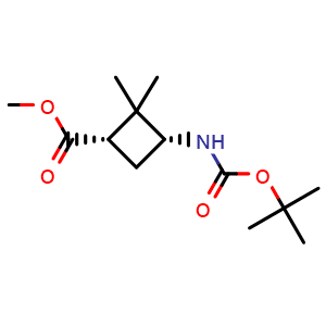Chemical structure of methyl (1S,3R)-3-(tert-butoxycarbonylamino)-2,2-dimethyl-cyclobutanecarboxylate , CAS 1809088-76-3, AChemBlock T96124