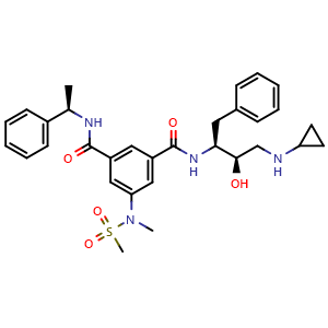 Chemical structure of N1-((2S,3R)-4-(cyclopropylamino)-3-hydroxy-1-phenylbutan-2-yl)-5-(N-methylmethylsulfonamido)-N3-((R)-1-phenylethyl)isophthalamide , CAS 797035-11-1, AChemBlock T96126