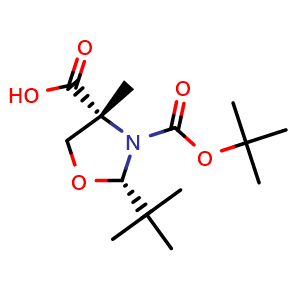 Chemical structure of (2S,4R)-3-(tert-butoxycarbonyl)-2-tert-butyl-4-methyloxazolidine-4-carboxylic acid , CAS 1686957-60-7, AChemBlock T96127
